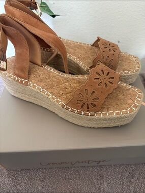 Crown Vintage Tan Floral Cutout Espadrille Wedge Sandals